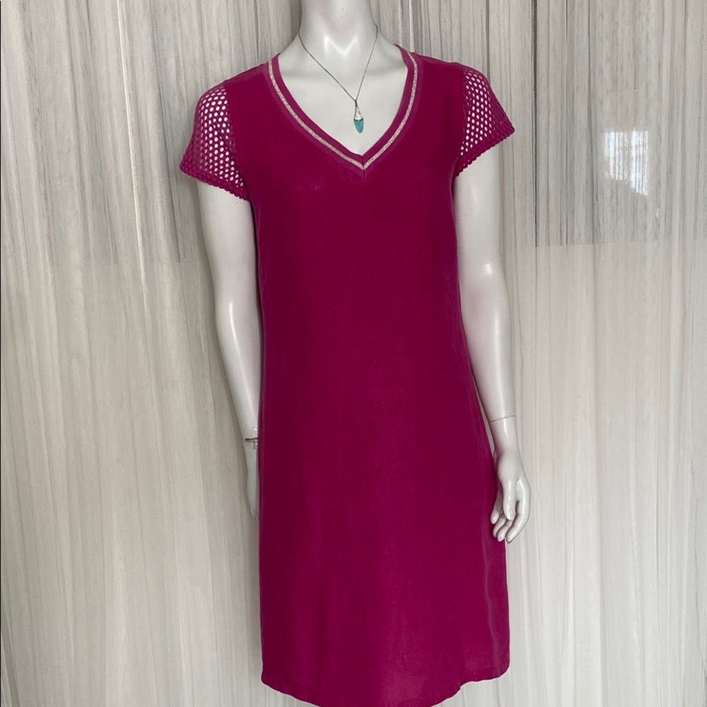 Maloka V-Neck Magenta linen Dress with Mesh Sleeves and back! Size M